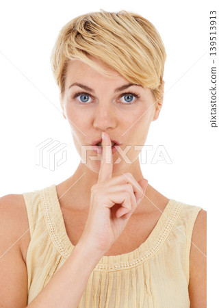 Woman, portrait and finger on lips for secret, gossip or confidential information on a white studio background. Face of female person, model or blonde in silence for quiet, whisper or shush on mockup Woman, portrait and finger on lips for secret, gossip or confidential information on a white studio background. Face of female person, model or blonde in silence for quiet, whisper or shush on mockup 139513913