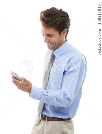 Phone, smile and social media with business man in studio isolated on white background for communication. Contact, app or meme with happy young employee reading text message on mobile for networking Phone, smile and social media with business man in studio isolated on white background for communication. Contact, app or meme with happy young employee reading text message on mobile for networking 139513919