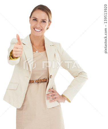 Portrait, smile or happy businesswoman with thumb up, good deal or ok sign isolated in studio. White background, like or confident worker with pride or hands gesture for approval, agreement or yes Portrait, smile or happy businesswoman with thumb up, good deal or ok sign isolated in studio. White background, like or confident worker with pride or hands gesture for approval, agreement or yes 139513920