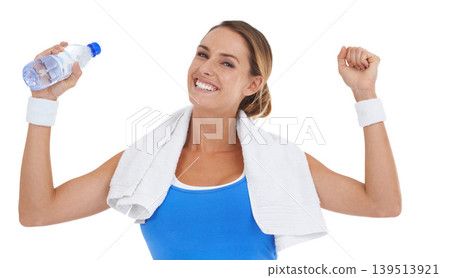 Woman, fitness success and water bottle in studio for health, exercise goals and workout achievement or winning. Portrait of happy person with yes, fist and energy for training on a white background Woman, fitness success and water bottle in studio for health, exercise goals and workout achievement or winning. Portrait of happy person with yes, fist and energy for training on a white background 139513921