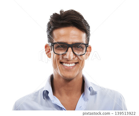 Businessman, portrait and happy in studio for career, business casual and confident for corporate work. Entrepreneur, person and face with smile, glasses and pride for startup on white background Businessman, portrait and happy in studio for career, business casual and confident for corporate work. Entrepreneur, person and face with smile, glasses and pride for startup on white background 139513922
