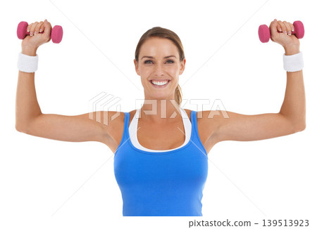 Weights, fitness and portrait of woman in a studio for arm strength workout, training or exercise. Smile, sports and young female athlete with dumbbell equipment for muscle health by white background Weights, fitness and portrait of woman in a studio for arm strength workout, training or exercise. Smile, sports and young female athlete with dumbbell equipment for muscle health by white background 139513923