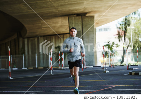 Man, wellness and fitness on street in outdoors, cardio and exercise or training for marathon. Male person, running and workout by city background, sportswear and performance challenge by bridge 139513925