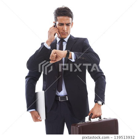 Business man, many arms and studio with multitasking, check watch and phone call by white background. Lawyer, attorney or advocate with bag, laptop and smartphone with time management with thinking 139513932