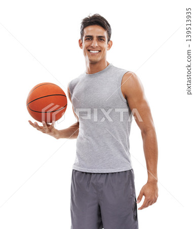 Happy man, portrait and basketball for game, match or sports against a white studio background. Face of active male person or athlete smile with ball ready in fitness, skill or style on mockup space 139513935