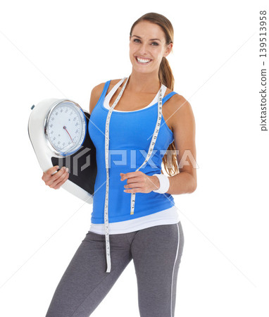 Scale, fitness and woman in studio for training results, wellness and workout with measure tape and portrait. Happy sports person or model for diet, lose weight or body progress on a white background Scale, fitness and woman in studio for training results, wellness and workout with measure tape and portrait. Happy sports person or model for diet, lose weight or body progress on a white background 139513958