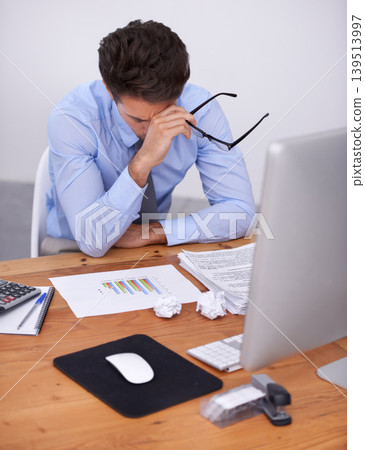 Business man, burnout and headache with graphs at desk, data analyst in office with vision problem and overworked. Anxiety, depression and fatigue, crisis or disaster with analytics deadline and pain Business man, burnout and headache with graphs at desk, data analyst in office with vision problem and overworked. Anxiety, depression and fatigue, crisis or disaster with analytics deadline and pain 139513997