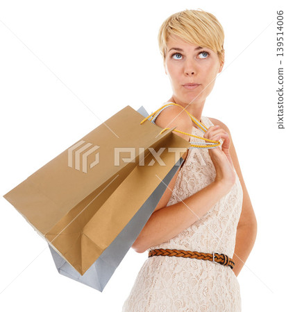 Woman, shopping bags and thinking in fashion for style isolated on a white studio background. Female person, shopper or blonde model in wonder or thought for purchase, buying or sale on mockup space Woman, shopping bags and thinking in fashion for style isolated on a white studio background. Female person, shopper or blonde model in wonder or thought for purchase, buying or sale on mockup space 139514006