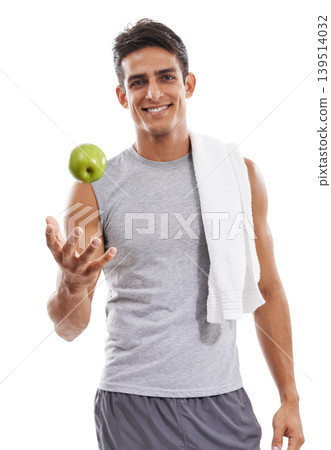 Man with apple in portrait, health and nutrition in studio with smile, diet and weightloss isolated on white background. Healthy food, green fruit and fitness for wellness and vegan to lose weight 139514032