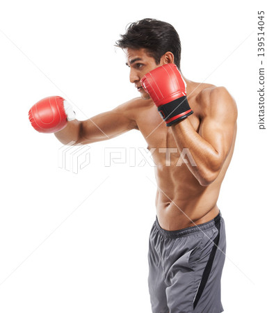 Man is shirtless, boxing and athlete with fitness and muscle in studio, sport and workout for health on white background. Exercise, training and fighter with gloves, body and abs with testosterone Man is shirtless, boxing and athlete with fitness and muscle in studio, sport and workout for health on white background. Exercise, training and fighter with gloves, body and abs with testosterone 139514045