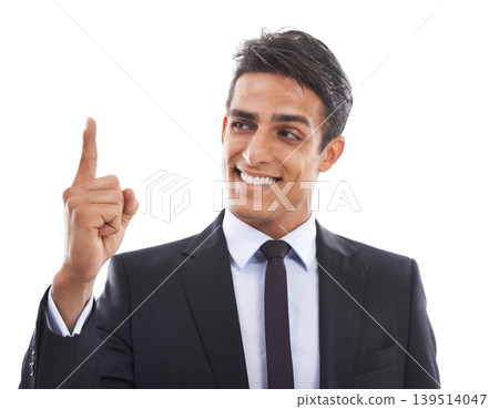 Businessman, face and thinking in studio with pointing for presentation, advertising and information. Entrepreneur, person and hands for marketing, announcement and showing offer on white background Businessman, face and thinking in studio with pointing for presentation, advertising and information. Entrepreneur, person and hands for marketing, announcement and showing offer on white background 139514047