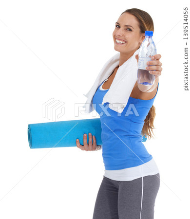 Yoga mat, water and portrait of woman in studio for exercise, training or workout. Happy, equipment and young female person with hydration drink for fitness or sports isolated by white background. Yoga mat, water and portrait of woman in studio for exercise, training or workout. Happy, equipment and young female person with hydration drink for fitness or sports isolated by white background. 139514056