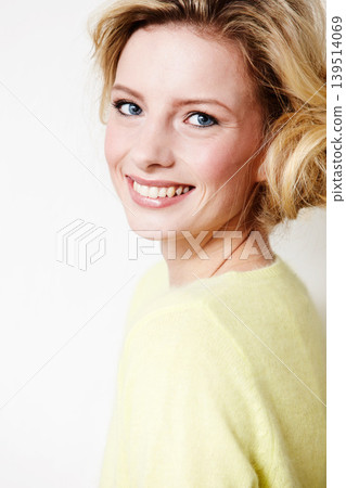 Woman, face and happy with beauty and cosmetics, natural skincare with makeup and shine on white background. Smile in portrait, model in studio and glow with dermatology, healthy skin and wellness Woman, face and happy with beauty and cosmetics, natural skincare with makeup and shine on white background. Smile in portrait, model in studio and glow with dermatology, healthy skin and wellness 139514069