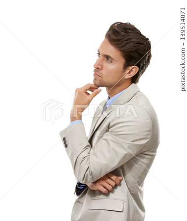 Thinking, idea and young businessman in a studio with brainstorming, question or guess face. Decision, option and profile of professional male person with choice facial expression by white background Thinking, idea and young businessman in a studio with brainstorming, question or guess face. Decision, option and profile of professional male person with choice facial expression by white background 139514071