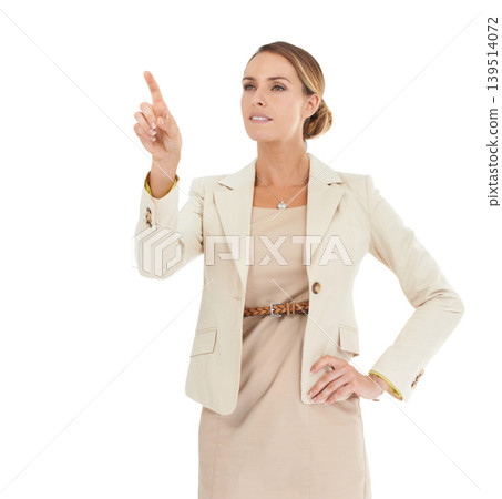 Businesswoman, air or finger for touch interface, system or login to internet access or digital future. Dashboard, studio or press gesture on virtual innovation, web technology on white background Businesswoman, air or finger for touch interface, system or login to internet access or digital future. Dashboard, studio or press gesture on virtual innovation, web technology on white background 139514072