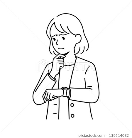 Line drawing illustration of a woman who is concerned about the time. Line drawing illustration of a woman who is concerned about the time. 139514082