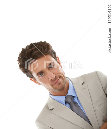Smirk, fashion and portrait of businessman in studio with elegant, fancy and stylish suit. Pride, confidence and handsome male person with luxury outfit for style isolated by white background. Smirk, fashion and portrait of businessman in studio with elegant, fancy and stylish suit. Pride, confidence and handsome male person with luxury outfit for style isolated by white background. 139514102