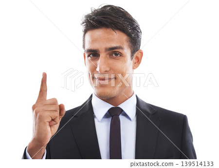 Businessman, portrait and smile in studio with pointing for presentation, advertising and information. Entrepreneur, person and face for marketing, announcement and showing offer on white background Businessman, portrait and smile in studio with pointing for presentation, advertising and information. Entrepreneur, person and face for marketing, announcement and showing offer on white background 139514133