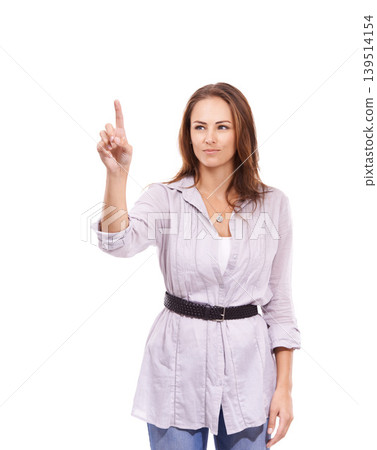 Technology, internet and fingerprint biometrics with woman in studio isolated on white background. Future, security and access with confident young person touching a virtual database interface Technology, internet and fingerprint biometrics with woman in studio isolated on white background. Future, security and access with confident young person touching a virtual database interface 139514154