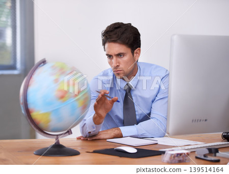 Travel, planning or businessman spinning earth for worldwide destination for trip in office. Notes, location or professional agent with map of planet for geography or international journey choice Travel, planning or businessman spinning earth for worldwide destination for trip in office. Notes, location or professional agent with map of planet for geography or international journey choice 139514164