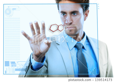 Businessman, screen and hologram with digital overlay for 3d information, futuristic technology or interface. Entrepreneur, person and face with biometric cyber, innovation and ux design system Businessman, screen and hologram with digital overlay for 3d information, futuristic technology or interface. Entrepreneur, person and face with biometric cyber, innovation and ux design system 139514173