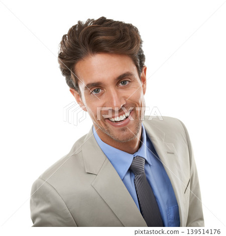Professional man in studio, face and happy entrepreneur in corporate portrait. isolated on white background. Smile, confidence and expert, young business owner or entrepreneurship with pride 139514176