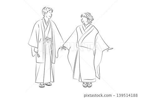 一對參加婚禮的新人線條描插圖。 一對參加婚禮的新人線條描插圖。 139514188