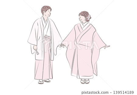 一幅彩色線條畫，描繪了一對參加婚禮的新人。 139514189