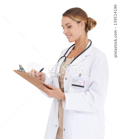Woman, doctor and writing with documents in studio for medical checklist, assessment and consultation. Professional or healthcare worker with notes, clipboard or clinic services on a white background Woman, doctor and writing with documents in studio for medical checklist, assessment and consultation. Professional or healthcare worker with notes, clipboard or clinic services on a white background 139514190