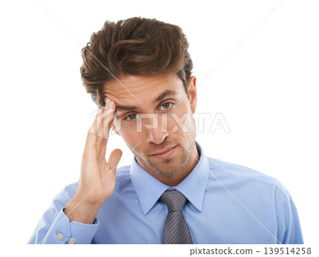 Business man, headache and stress in portrait, massage temple and serious crisis at law firm on white background. Burnout, overworked and pain from migraine, lawyer fail in case or mistake in studio 139514258