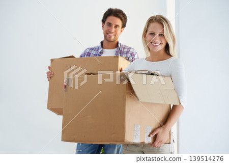 Happy, boxes and portrait of couple in new home living room for unpacking and moving together. Smile, love and young man and woman from Australia with cardboard packages in home or apartment. Happy, boxes and portrait of couple in new home living room for unpacking and moving together. Smile, love and young man and woman from Australia with cardboard packages in home or apartment. 139514276