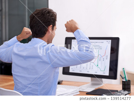 Businessman, celebration or computer for stock market success with profit, reward or online bonus. Yes, happy or trader with fist pump for achievement, goals or winning on investment graphs or charts Businessman, celebration or computer for stock market success with profit, reward or online bonus. Yes, happy or trader with fist pump for achievement, goals or winning on investment graphs or charts 139514277