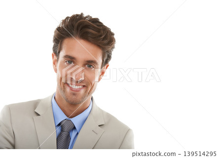 Professional man in studio, smile on face and mockup space with entrepreneur in corporate portrait. Happy, confident expert on white background and young business owner or entrepreneurship with pride Professional man in studio, smile on face and mockup space with entrepreneur in corporate portrait. Happy, confident expert on white background and young business owner or entrepreneurship with pride 139514295