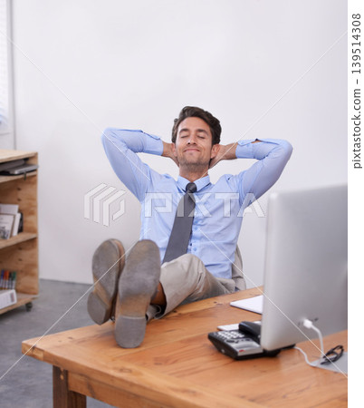 Nap, relax or happy man in office on break for mental health, pride or wellness at his desk or workplace. Calm, business or employee sleeping with smile or hand behind his head stretching or resting Nap, relax or happy man in office on break for mental health, pride or wellness at his desk or workplace. Calm, business or employee sleeping with smile or hand behind his head stretching or resting 139514308