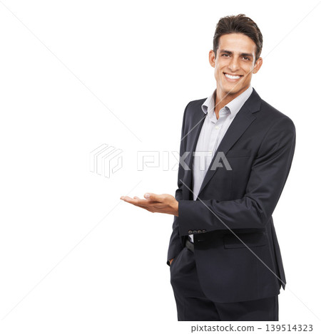 Business man, show presentation and mockup space with smile in portrait, advertising and communication in studio. Corporate opportunity, offer with information or announcement in studio for marketing Business man, show presentation and mockup space with smile in portrait, advertising and communication in studio. Corporate opportunity, offer with information or announcement in studio for marketing 139514323