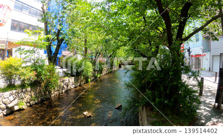 A river flowing through the town amidst the fresh greenery. A river flowing through the town amidst the fresh greenery. 139514402