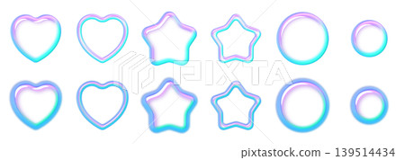 A set of 3D bubble-making parts in Y2K-style neon colors, featuring puffy hearts, stars, and circles. A set of 3D bubble-making parts in Y2K-style neon colors, featuring puffy hearts, stars, and circles. 139514434