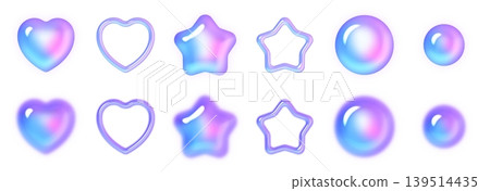 A set of 3D bubble-making parts in Y2K-style neon colors, featuring puffy hearts, stars, and circles. A set of 3D bubble-making parts in Y2K-style neon colors, featuring puffy hearts, stars, and circles. 139514435