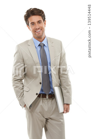 Business man with laptop, IT consultant and portrait, software upgrade in studio with technology on white background. Network, app development or tech support with connection, internet and programmer 139514448