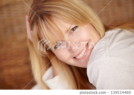 Happy, woman and smile with portrait on face, relaxed and alone in home, natural beauty or headshot. Female, beautiful or thinking with idea, mature person and cheerful lady in house or blonde hair Happy, woman and smile with portrait on face, relaxed and alone in home, natural beauty or headshot. Female, beautiful or thinking with idea, mature person and cheerful lady in house or blonde hair 139514460
