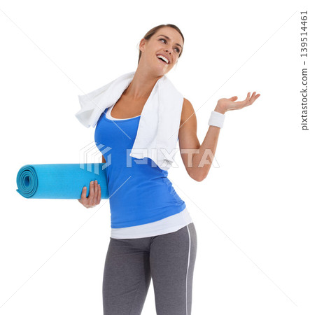 Yoga mat, hand and young woman in studio with mockup space for exercise or workout. Smile, equipment and happy female person with show gesture for fitness or sports isolated by white background. Yoga mat, hand and young woman in studio with mockup space for exercise or workout. Smile, equipment and happy female person with show gesture for fitness or sports isolated by white background. 139514461