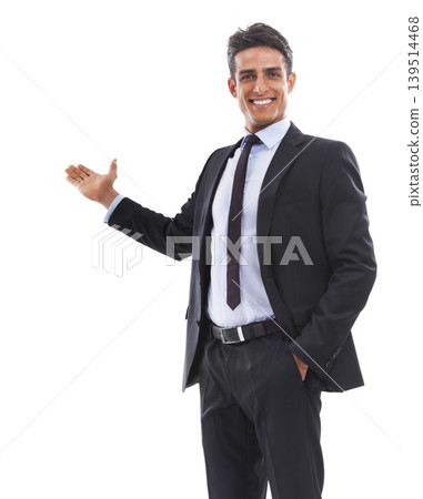 Portrait, business man and pointing to presentation of space, promotion deal and announcement in studio on white background. Happy worker advertising choice, feedback and offer mockup for information Portrait, business man and pointing to presentation of space, promotion deal and announcement in studio on white background. Happy worker advertising choice, feedback and offer mockup for information 139514468