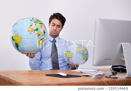 Travel, choice or confused businessman with planet, earth or worldwide destination for trip in office. Computer, holiday or professional agent with map of globe for geography or international journey Travel, choice or confused businessman with planet, earth or worldwide destination for trip in office. Computer, holiday or professional agent with map of globe for geography or international journey 139514469