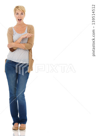 Happy woman, portrait and pointing in advertising or marketing on a white studio background. Female person, model or blonde in surprise showing notification, alert or special offer on mockup space Happy woman, portrait and pointing in advertising or marketing on a white studio background. Female person, model or blonde in surprise showing notification, alert or special offer on mockup space 139514512