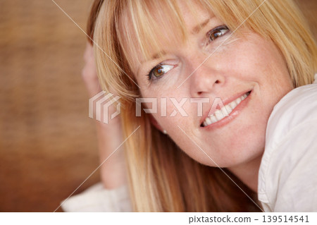 Happy, woman and think with portrait on face, closeup and alone in home, natural beauty or headshot. Female, beautiful or thinking with idea, mature person and cheerful lady in house or blonde hair Happy, woman and think with portrait on face, closeup and alone in home, natural beauty or headshot. Female, beautiful or thinking with idea, mature person and cheerful lady in house or blonde hair 139514541
