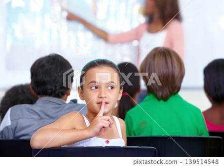 Hush sign, secret or child in classroom with mystery, gossip or fingers on mouth for quiet learning. Lips, news or girl student with whisper or shush gesture for rumor, drama or silence in school 139514548