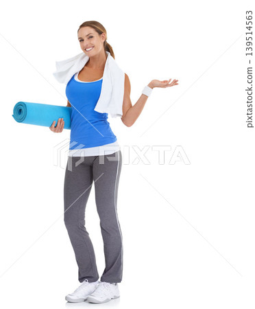 Yoga mat, hand and portrait of woman in studio with mockup space for exercise or workout. Happy, equipment and young female person with show gesture for fitness or sports isolated by white background 139514563