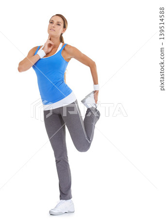 Fitness, pulse and woman stretching in studio for leg exercise, training or workout. Sports, health and young female person with muscle warm up for wellness activity isolated by white background. Fitness, pulse and woman stretching in studio for leg exercise, training or workout. Sports, health and young female person with muscle warm up for wellness activity isolated by white background. 139514588