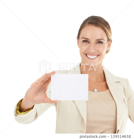 Smile, portrait or businesswoman with card mockup for a sale, promotion offer or logo advertising deal. Signage, plain bulletin board or happy lady with blank space in studio on white background Smile, portrait or businesswoman with card mockup for a sale, promotion offer or logo advertising deal. Signage, plain bulletin board or happy lady with blank space in studio on white background 139514638