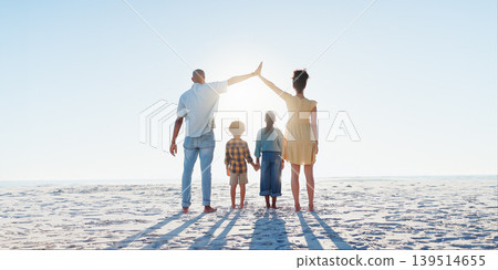 Back, high five or insurance with a family on the beach together for security, travel or vacation. Flare, safety or cover with a mother, father and children on the sand by the ocean or sea for trust Back, high five or insurance with a family on the beach together for security, travel or vacation. Flare, safety or cover with a mother, father and children on the sand by the ocean or sea for trust 139514655